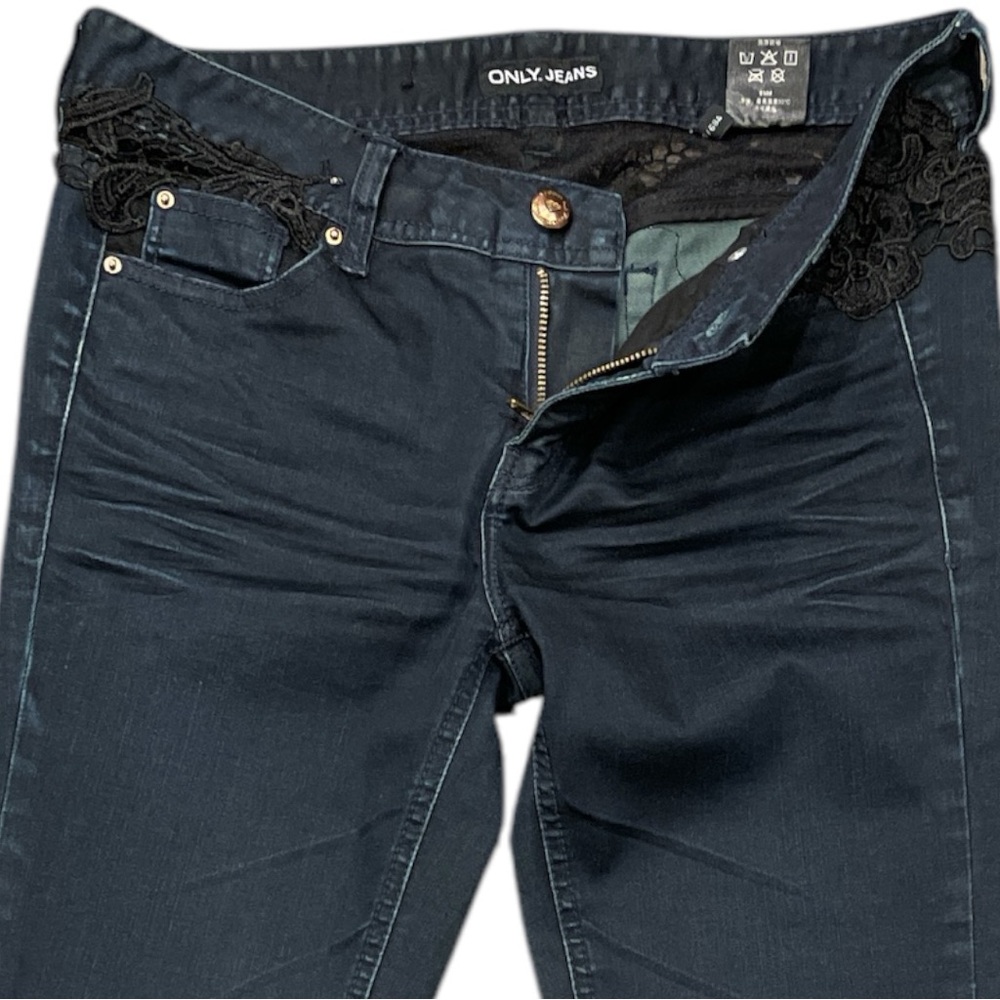 ONLY JEANS W28 black stretch skinny jeans lace detail hip pockets & back waist